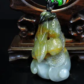 100% Natural Hand-Carved Jade Pendant Jadeite Necklace Peanut & Leaves & Ruyi