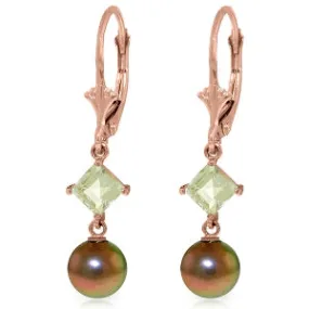 14K Solid Rose Gold Leverback Earrings Aquamarines & Pearl