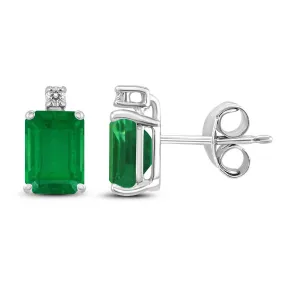 14K White Gold 5X3Mm Emerald Shaped Emerald And Diamond Earrings