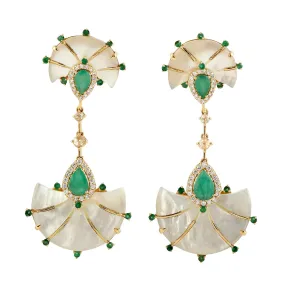 14k Yellow Gold Carved MOP & Pear Emerald Diamond Designer Danglers For Her