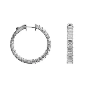 18K White Gold Emerald Cut Diamond Hoop Earrings