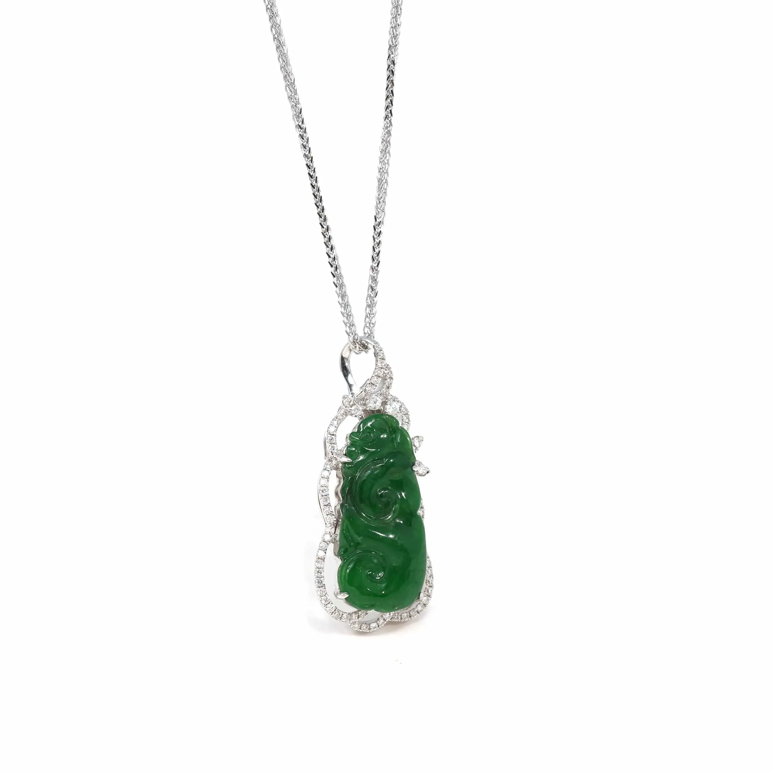 18K White Gold High-End Imperial Jadeite Jade"As you wish: RuYi" Necklace with Diamonds