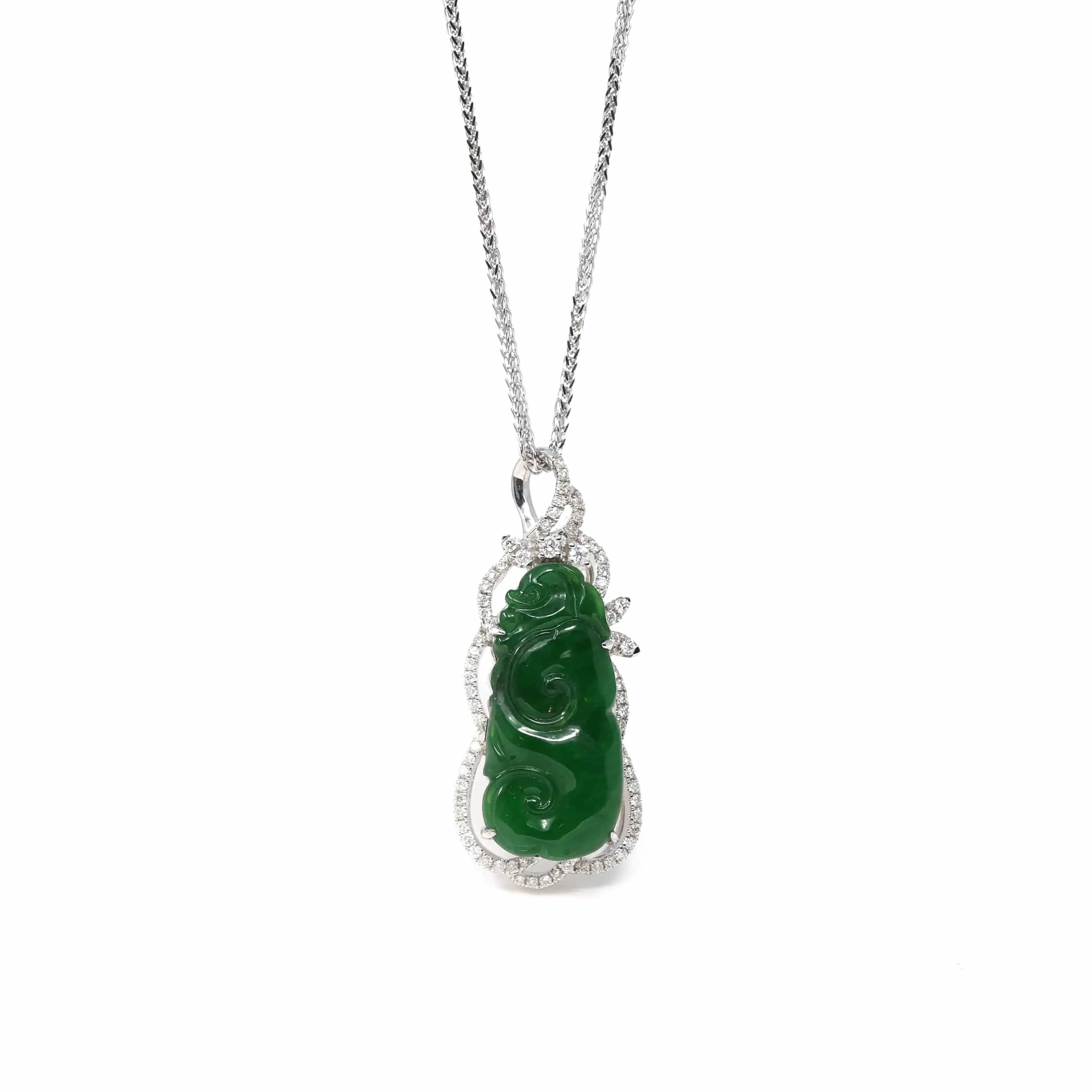 18K White Gold High-End Imperial Jadeite Jade"As you wish: RuYi" Necklace with Diamonds