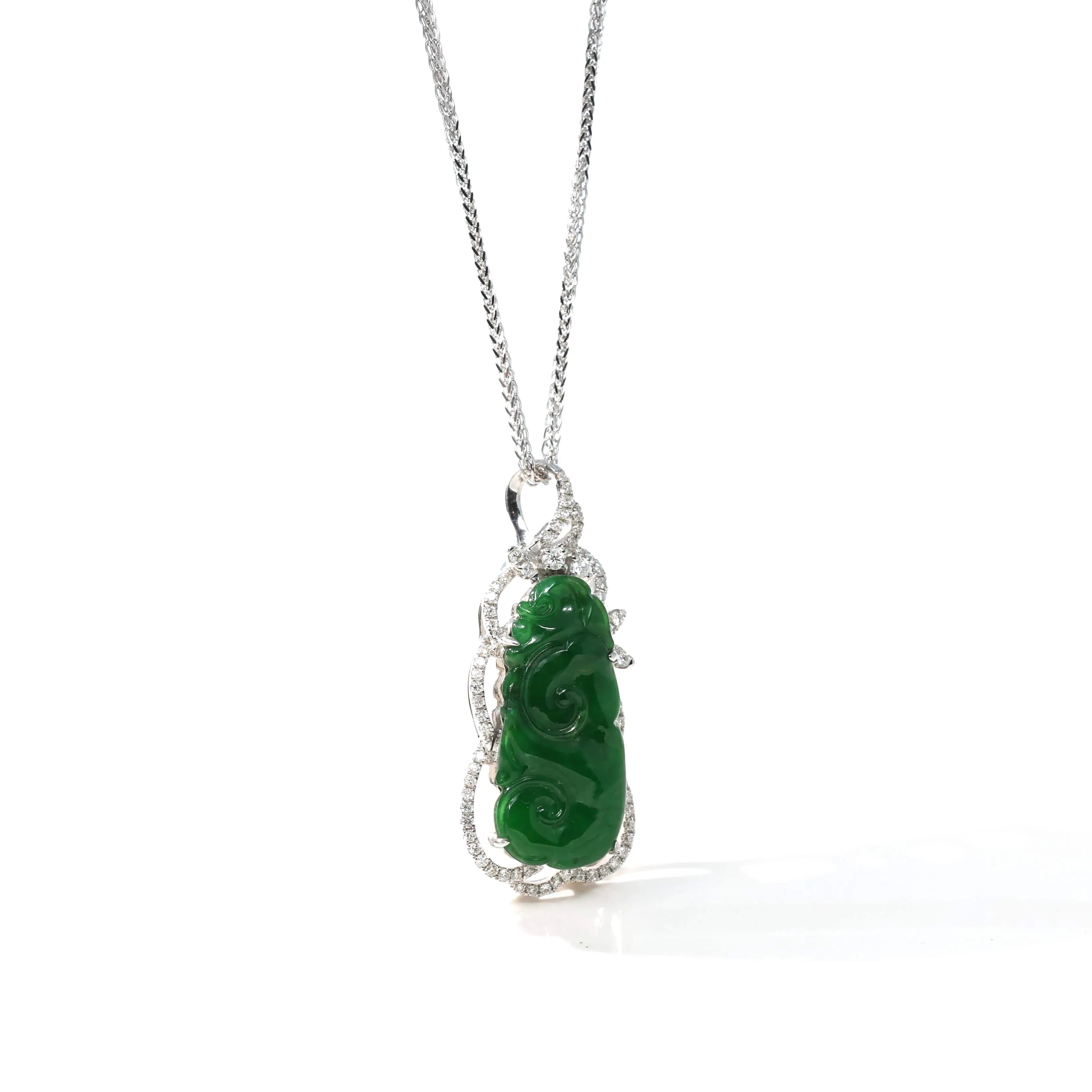 18K White Gold High-End Imperial Jadeite Jade"As you wish: RuYi" Necklace with Diamonds