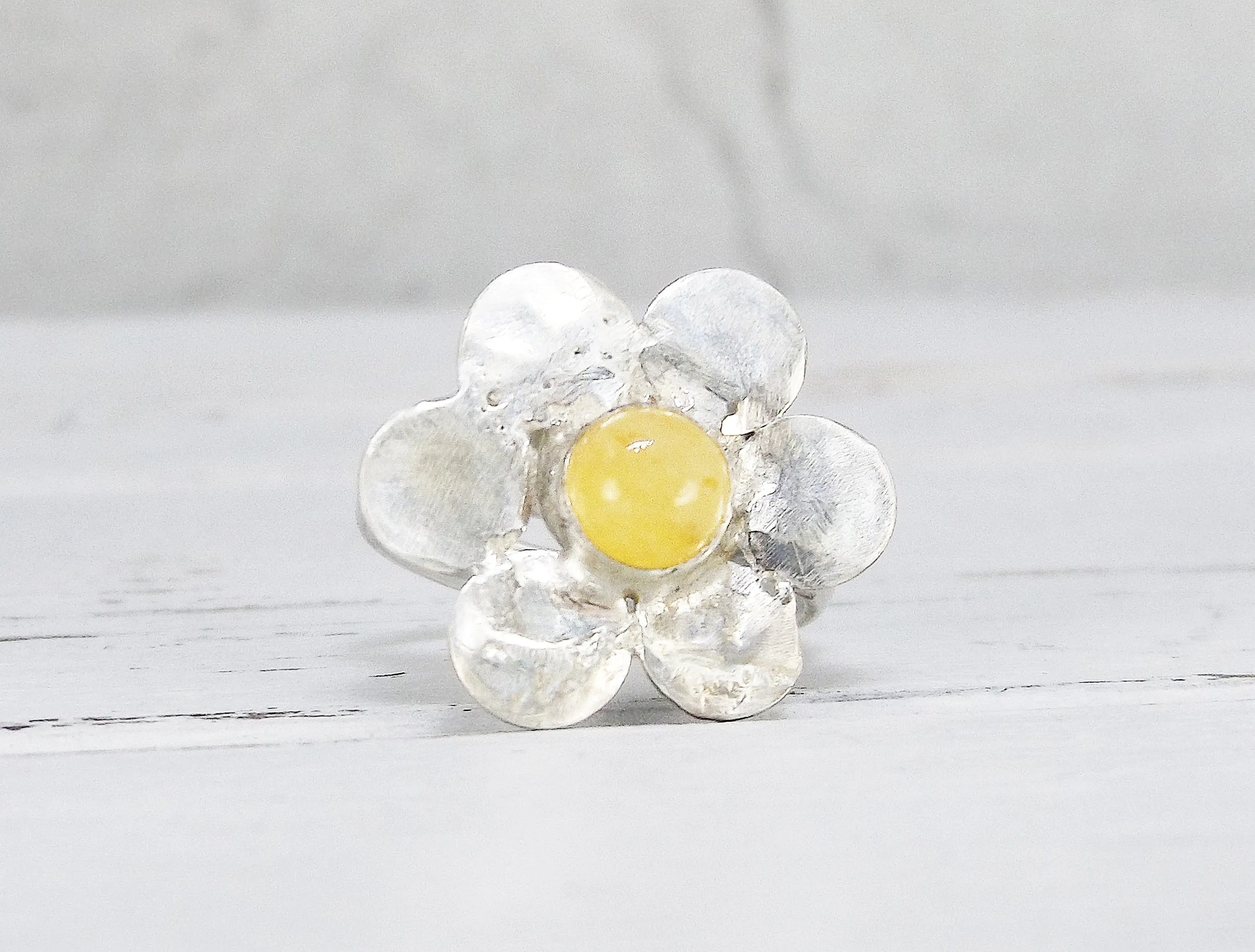 Adjustable Sterling Silver and Yellow Agate Flower Ring