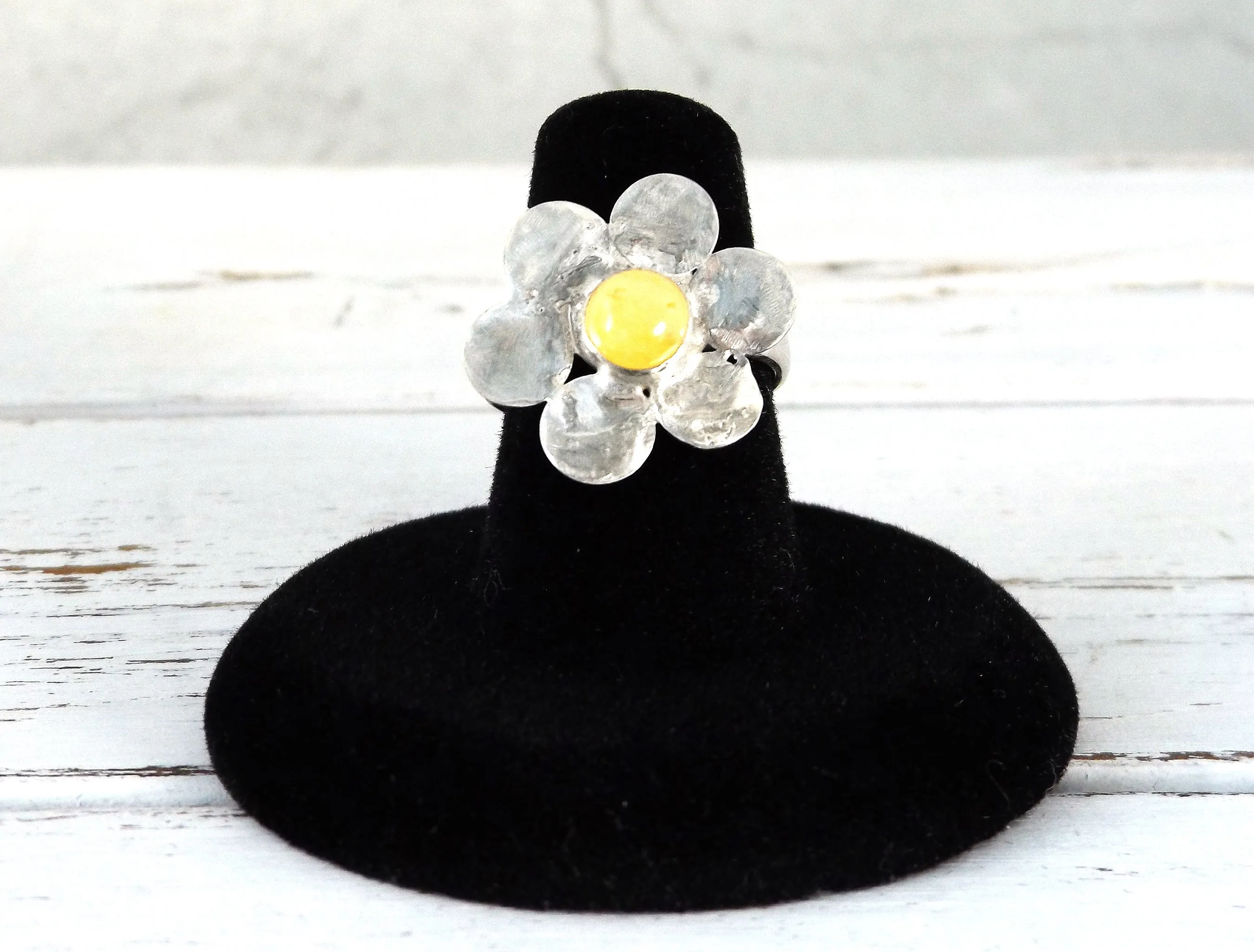 Adjustable Sterling Silver and Yellow Agate Flower Ring