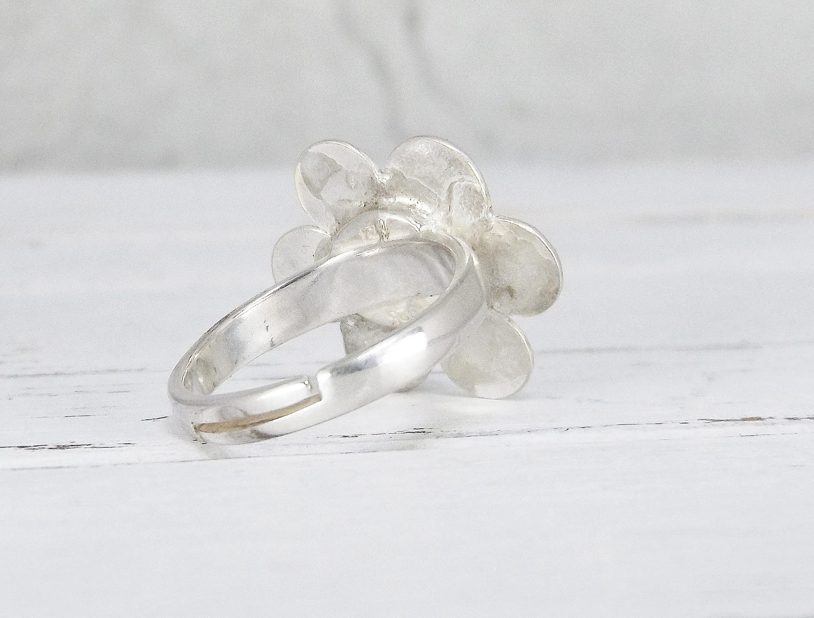 Adjustable Sterling Silver and Yellow Agate Flower Ring