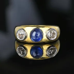 Art Deco 18K Gold Mine Cut Diamond Cabochon Sapphire Ring Band