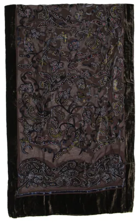 Brown   Red   Silver Leaf Patterned Devore Velvet Scarf with Brown Boarder (168 x 52cm)