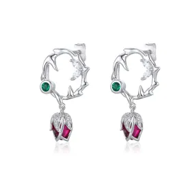 Circle Thorn Rose Red Corundum with Zircon Silver Drop Earrings for Women