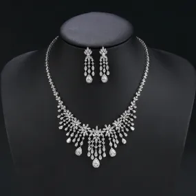 Cubic Zirconia Droplet Flower Tassel Necklace Earrig 2pcs Set  Wedding Bridal Jewelry Sets For Women Party Accessorie CN11191