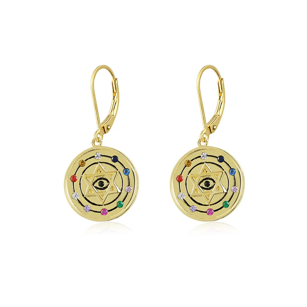 Devil's Eye Hexagram Star with Colourful Zircon Vintage Circle Silver Drop Earrings for Women