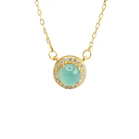 Elegant 925 Sterling Silver Natural Jade Ice Blue Green Round Bead Zircon Halo Necklace