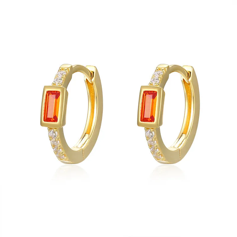 Emerald Cut Red Zircon Silver Hoop Earrings for Women