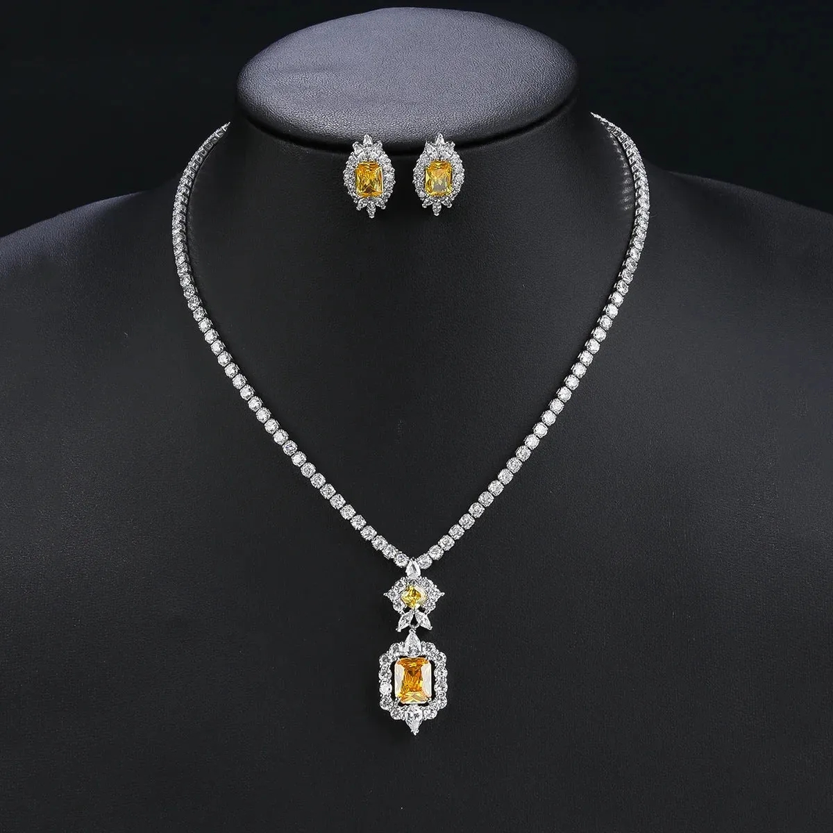 Fashion CZ Cubic Zirconia Pendant  Necklace  Earrings Set Bridal Wedding Jewelry Sets for Women Gift CN10198