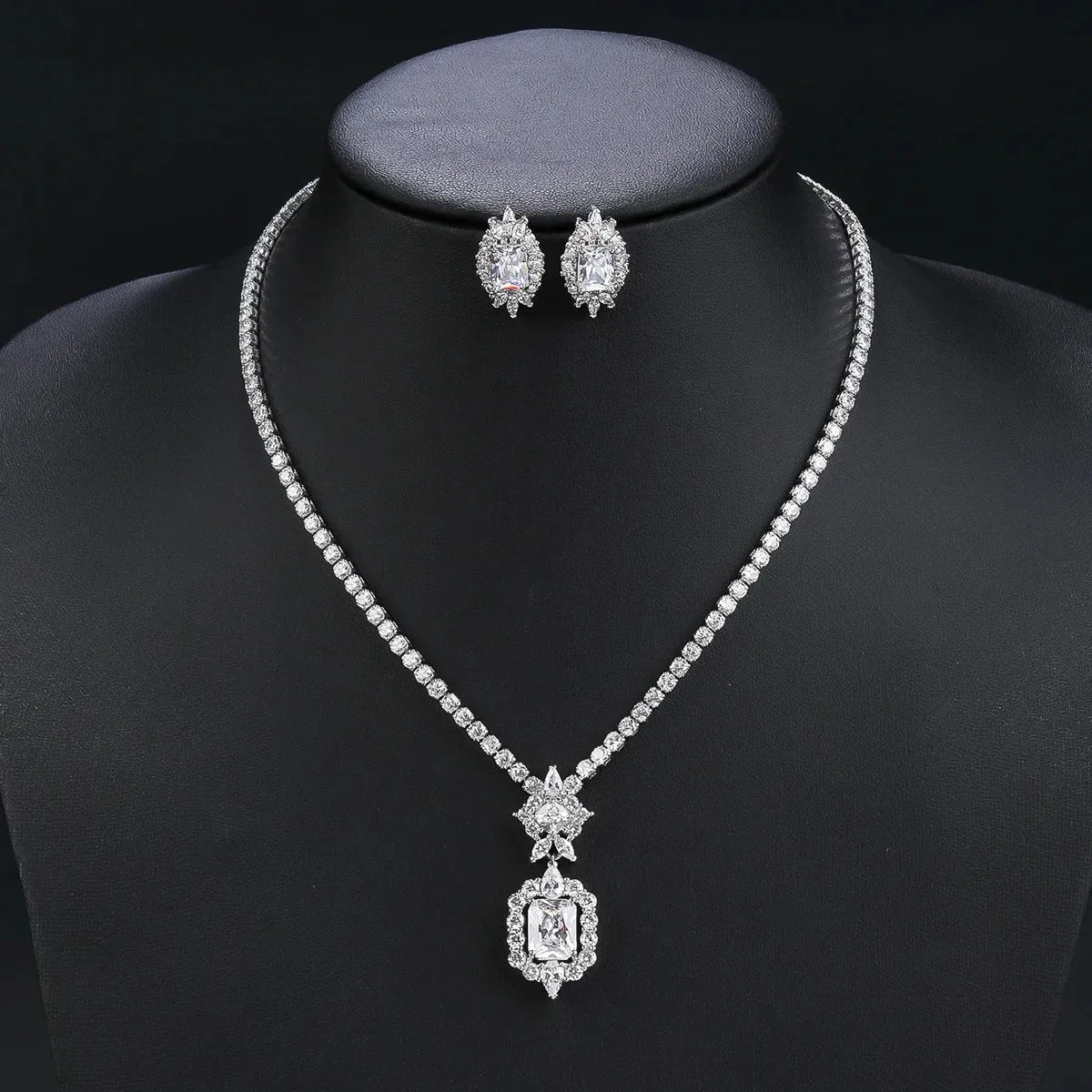 Fashion CZ Cubic Zirconia Pendant  Necklace  Earrings Set Bridal Wedding Jewelry Sets for Women Gift CN10198