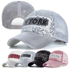 Fashion Women Summer Cap New York Letter Sequins Shiny Baseball Cap Female Streetwear Trucker Hats