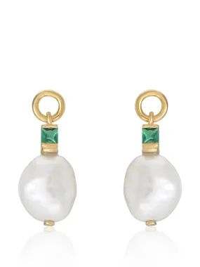 Fleur baroque pearl drop earrings with emerald green stone