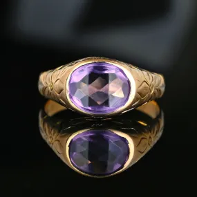 Forget Me Not Engraved Gold Amethyst Signet Ring, Sz 9.75