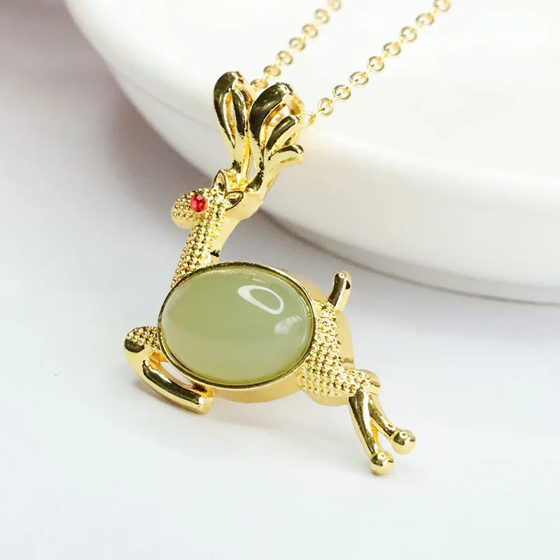 Fortune's Favor Sterling Silver Deer Pendant with Natural Hetian Jade