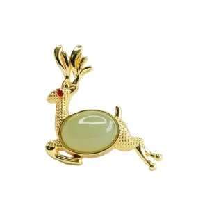 Fortune's Favor Sterling Silver Deer Pendant with Natural Hetian Jade