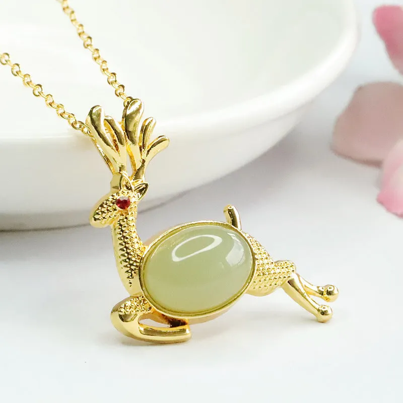 Fortune's Favor Sterling Silver Deer Pendant with Natural Hetian Jade