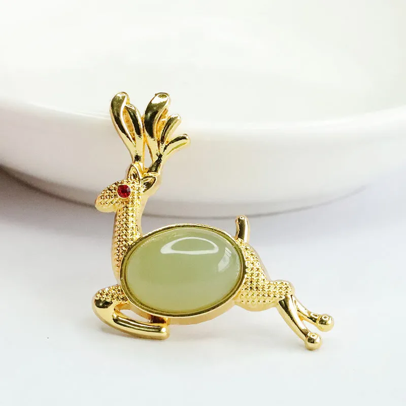 Fortune's Favor Sterling Silver Deer Pendant with Natural Hetian Jade