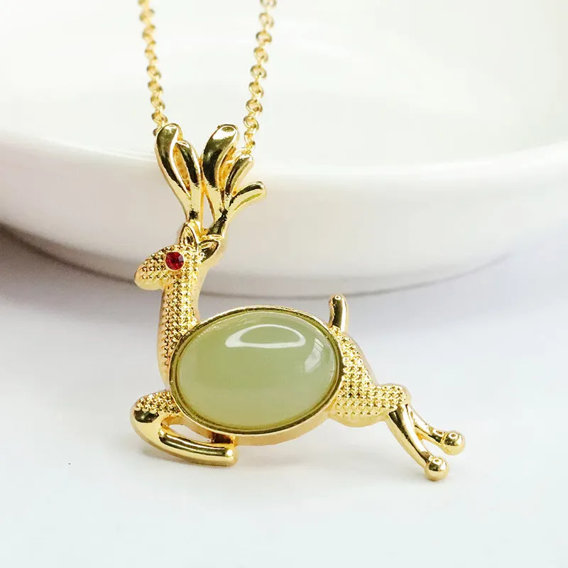 Fortune's Favor Sterling Silver Deer Pendant with Natural Hetian Jade