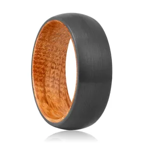 FRASER | Whiskey Barrel Wood, Black Tungsten Ring, Brushed, Domed