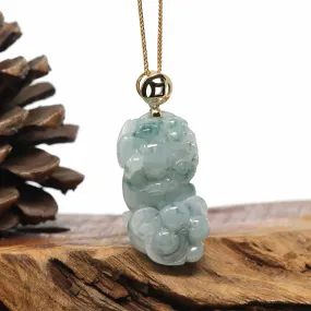 Genuine Burmese Blue-Green Jadeite Jade PiXiu Pendant Necklace With 14K Gold Bail