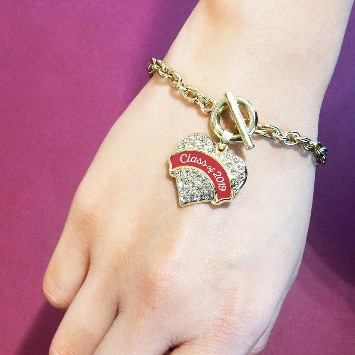 Gold Class of 2019 - Red Pave Heart Charm Toggle Bracelet