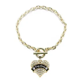 Gold Dog Lady - Paw Prints Pave Heart Charm Toggle Bracelet