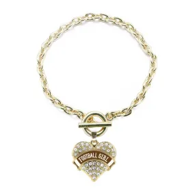 Gold Football Girl Design Pave Heart Charm Toggle Bracelet