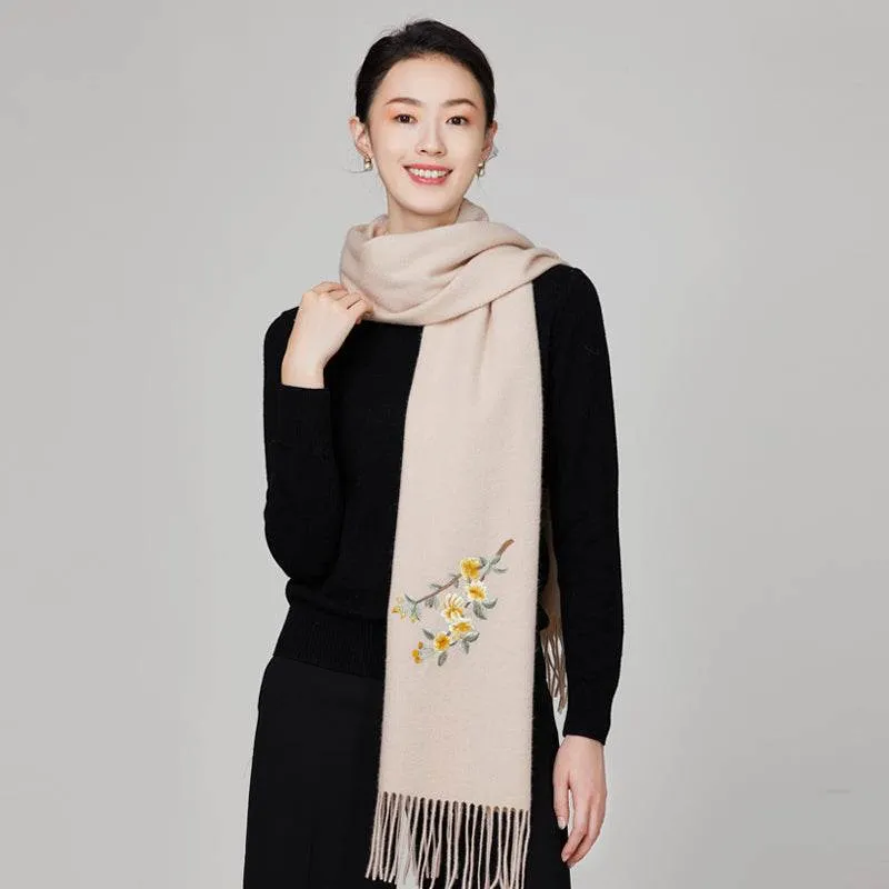 Handmade Embroidery Wool Cashmere Scarf  Winter Wrap Shawl 200x38cm