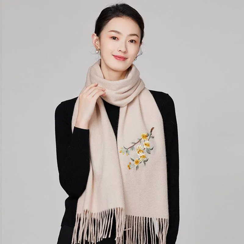 Handmade Embroidery Wool Cashmere Scarf  Winter Wrap Shawl 200x38cm