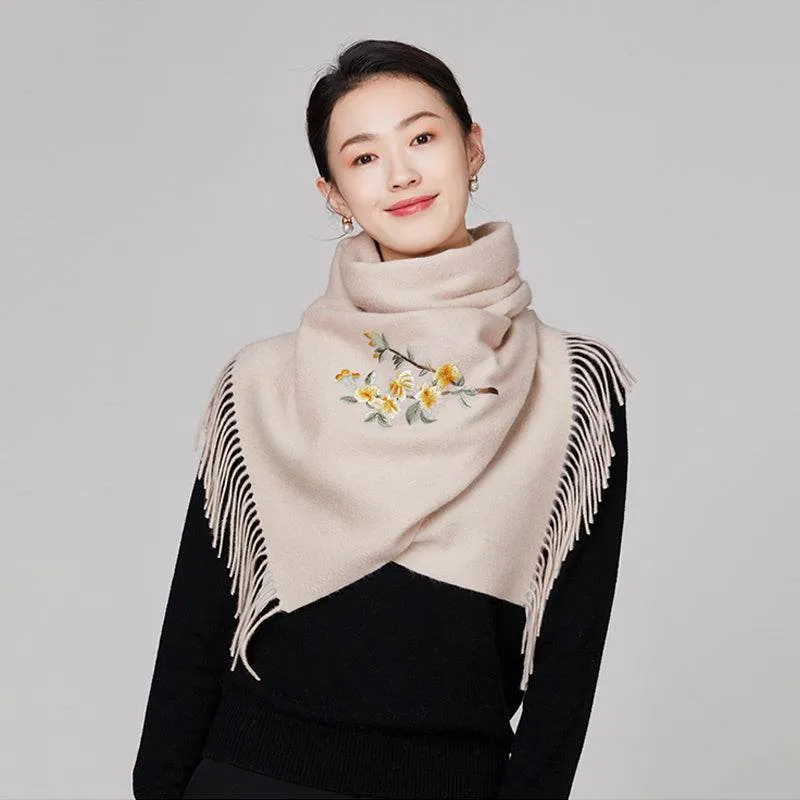 Handmade Embroidery Wool Cashmere Scarf  Winter Wrap Shawl 200x38cm