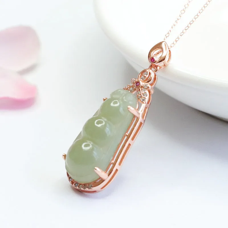 Hetian Jade Sterling Silver String Bean Pendant Necklace