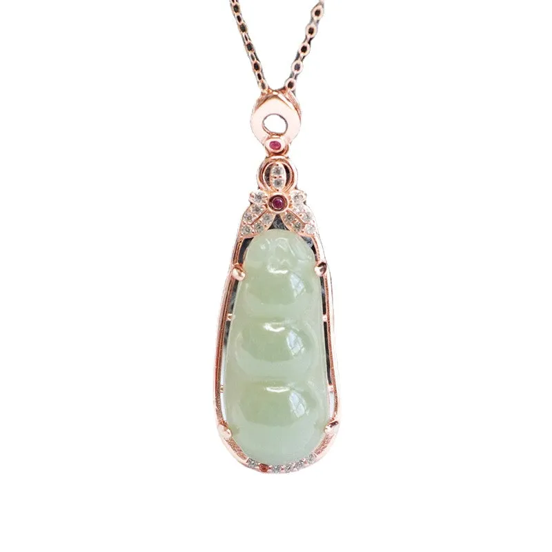 Hetian Jade Sterling Silver String Bean Pendant Necklace