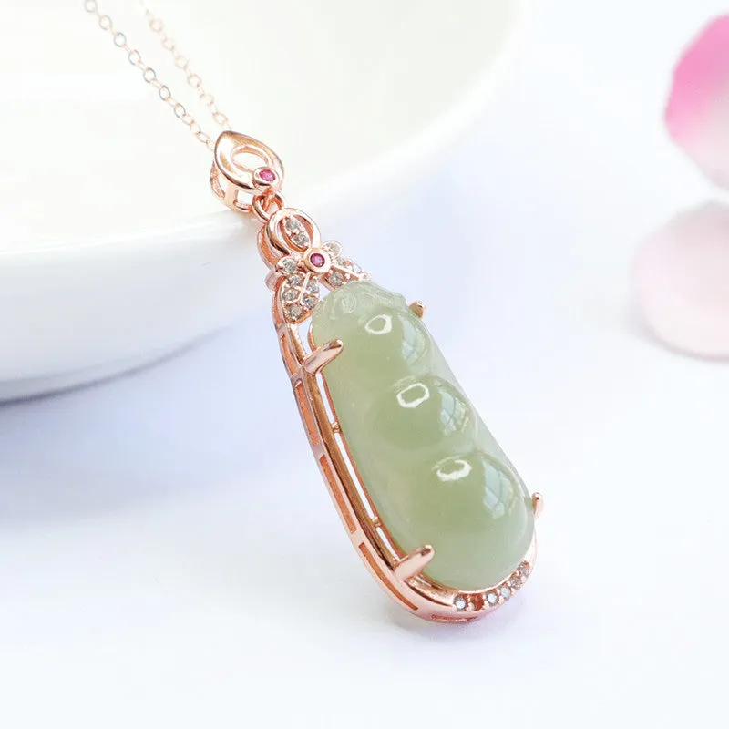 Hetian Jade Sterling Silver String Bean Pendant Necklace