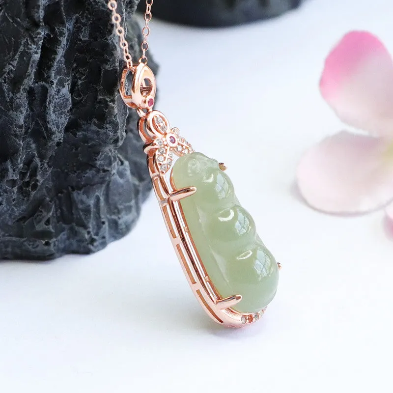 Hetian Jade Sterling Silver String Bean Pendant Necklace