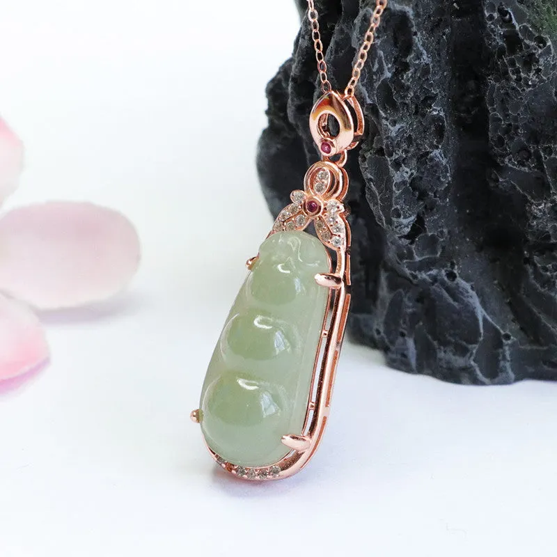 Hetian Jade Sterling Silver String Bean Pendant Necklace