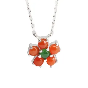 Ice Green and Red Jade Flower Necklace in Sterling Silver