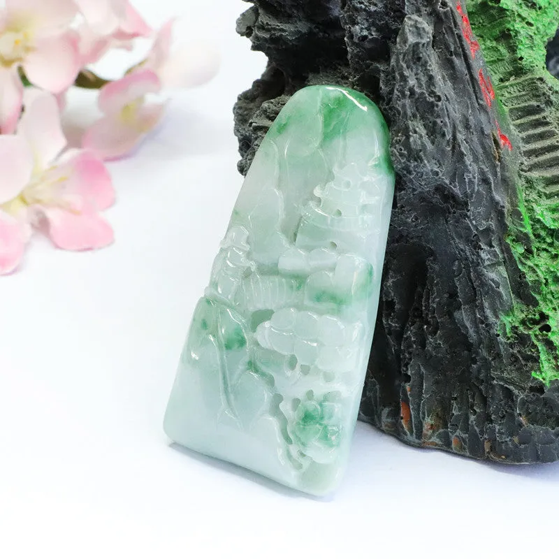 Jade Landscape Fortune's Favor Pendant with Sterling Silver Needle