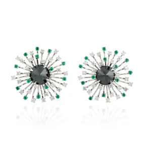 Natural Black White Diamond Emerald Sun Burst Stud Earrings In White Gold