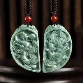 Natural Grade A Jade Jadeite Couple Green Dragon Phoenix Half Circle Pendant PAIR Necklace