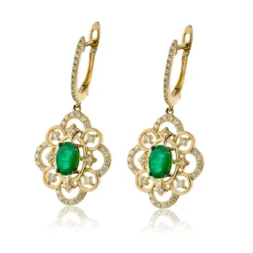 Oval Emerald & Diamond Filigree Style Dangle Earrings