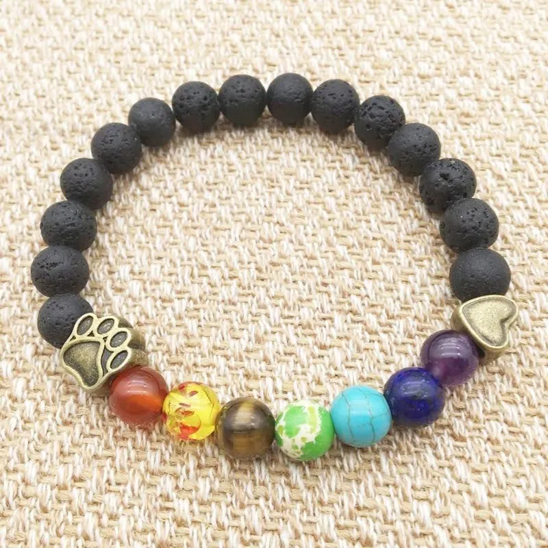 Pet Paw Lava Stone 8mm Beaded Bracelets with Rainbow Chakras Aromatherapy Diffuser Bracelets