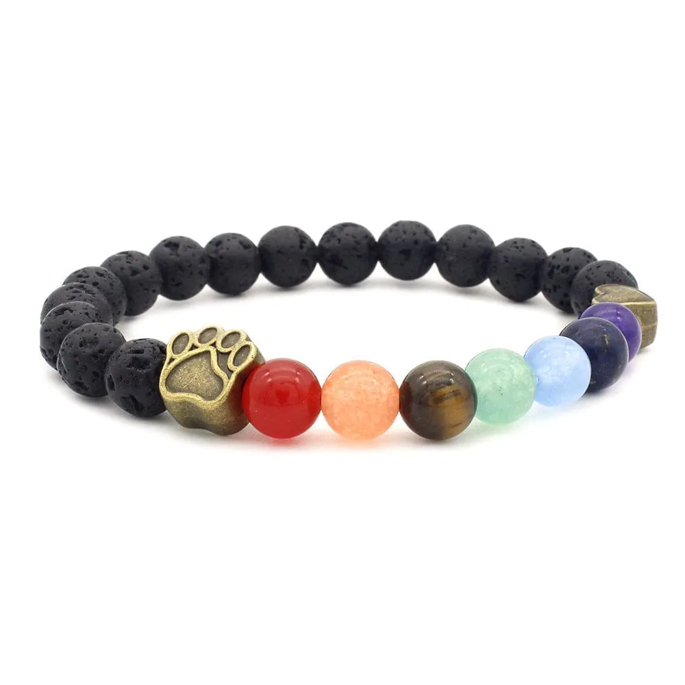 Pet Paw Lava Stone 8mm Beaded Bracelets with Rainbow Chakras Aromatherapy Diffuser Bracelets