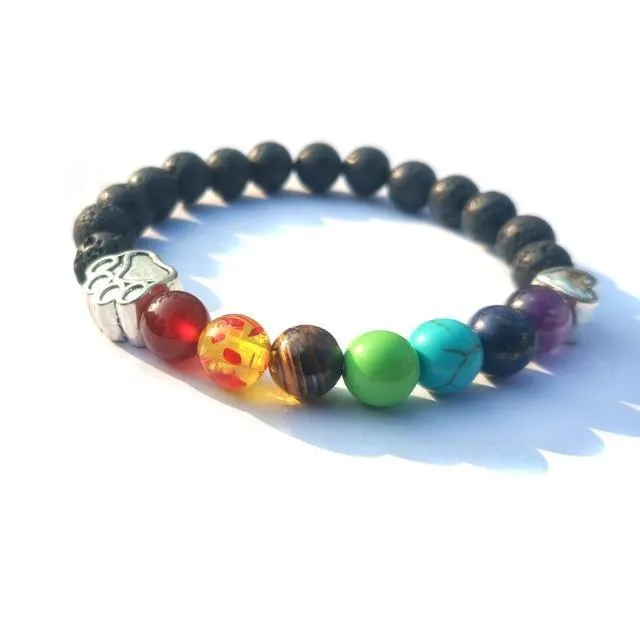 Pet Paw Lava Stone 8mm Beaded Bracelets with Rainbow Chakras Aromatherapy Diffuser Bracelets