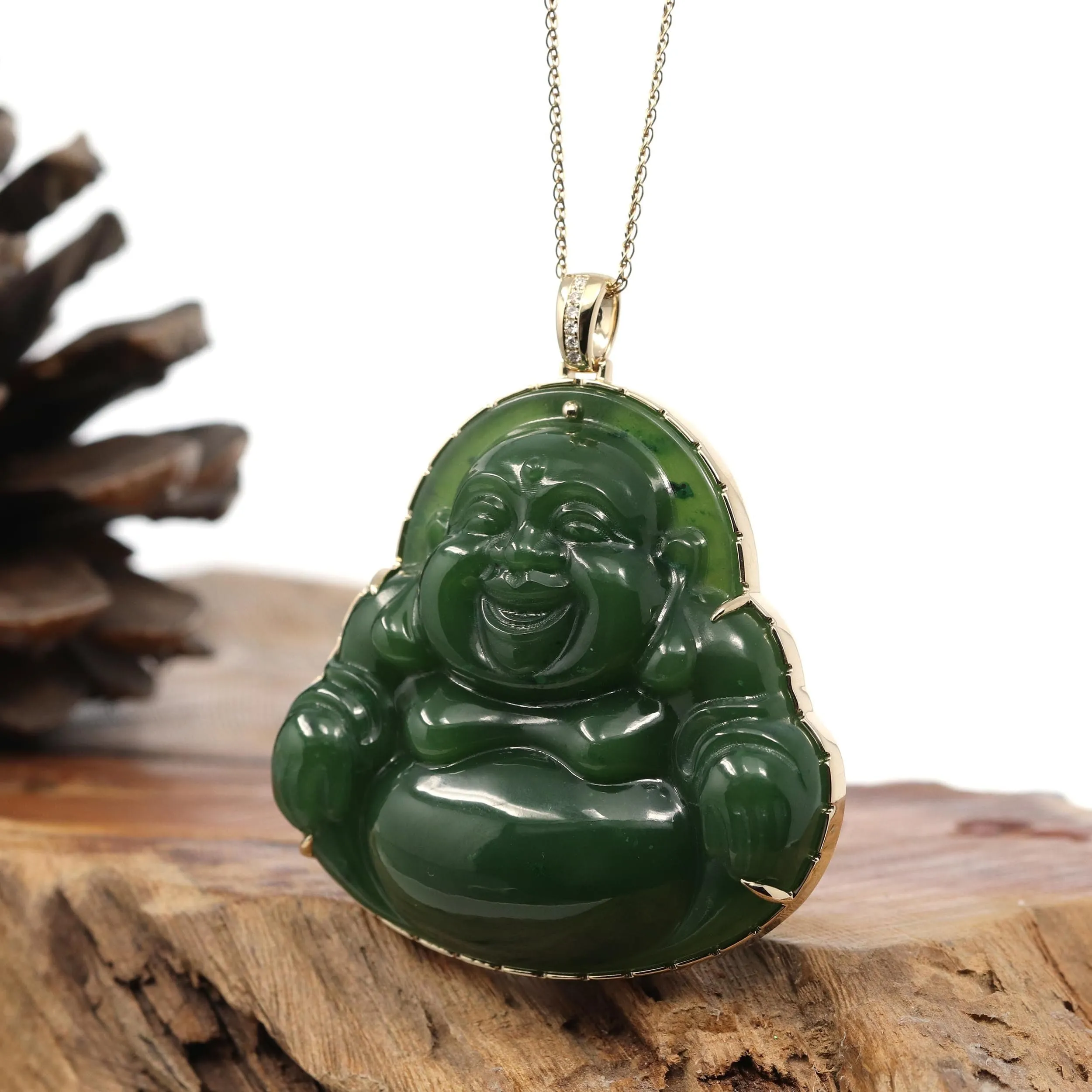 "Laughing Buddha" Large 14k Yellow Gold Genuine Green Jade Buddha Pendant